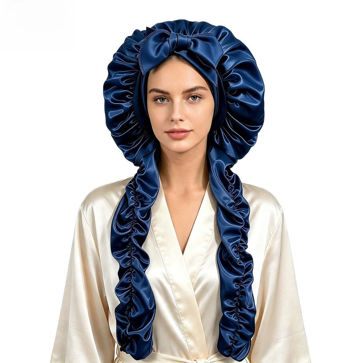 Satin Long Hair Sleeping Bonnet Cap in navy blue satin, with a ruffled full-coverage design and oversized bow