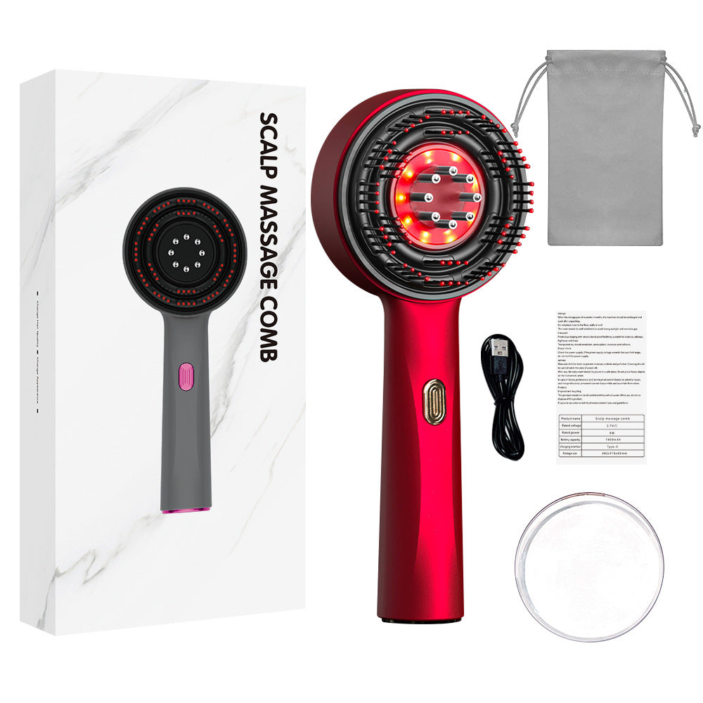 Scalp medicine applicator with a red and black round massage comb head, metallic handle button, and red light nodes