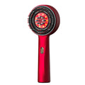 Scalp medicine applicator with a glossy red handle, black bristles, and a circular red-lit massage head with metal contacts