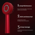 Scalp medicine applicator in glossy red with a round head, silver ring, combing pins and elongated handle