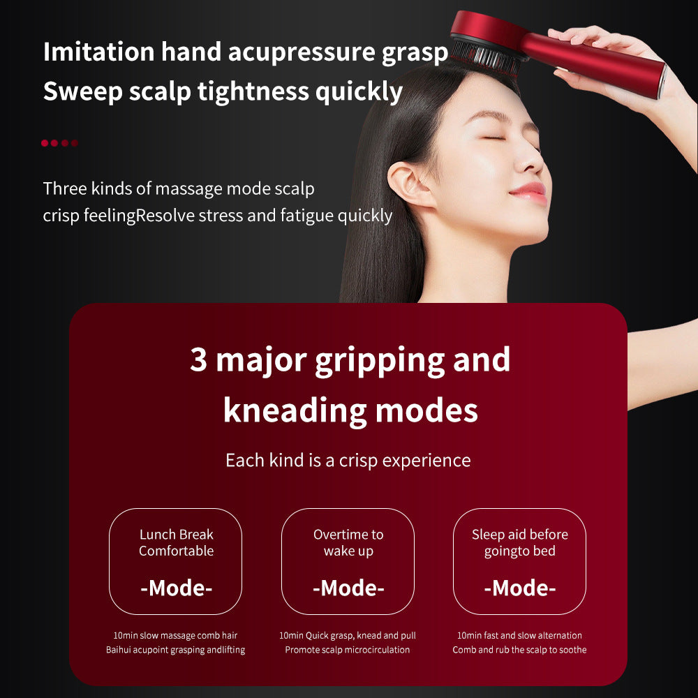 Scalp medicine applicator in red with a black comb head, shown massaging a woman’s scalp with kneading modes