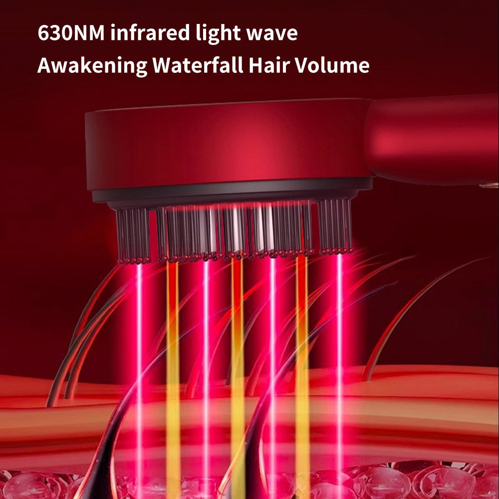 Scalp medicine applicator massage combs in red and gray plastic, with round bristled heads and glowing red light centers
