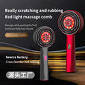 Scalp medicine applicator massage combs in red and gray plastic, with round bristled heads and glowing red light centers
