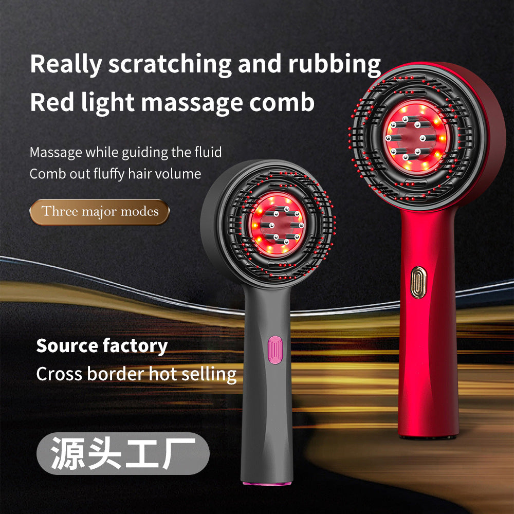 Scalp medicine applicator massage combs in red and gray plastic, with round bristled heads and glowing red light centers
