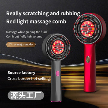 Scalp medicine applicator massage combs in red and gray plastic, with round bristled heads and glowing red light centers
