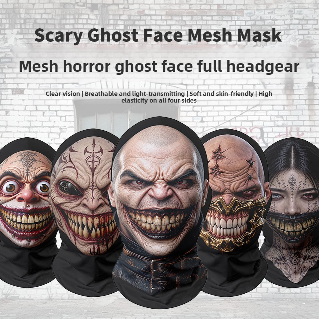 Scary Halloween Full Head mesh mask with black hood and realistic horror faces featuring painted details and bared teeth