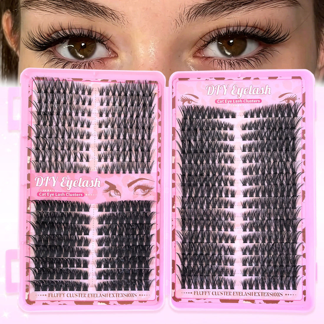 Segmented False Eyelashes Book Set with black synthetic lashes in varied lengths and volumes, shown worn in three styles.