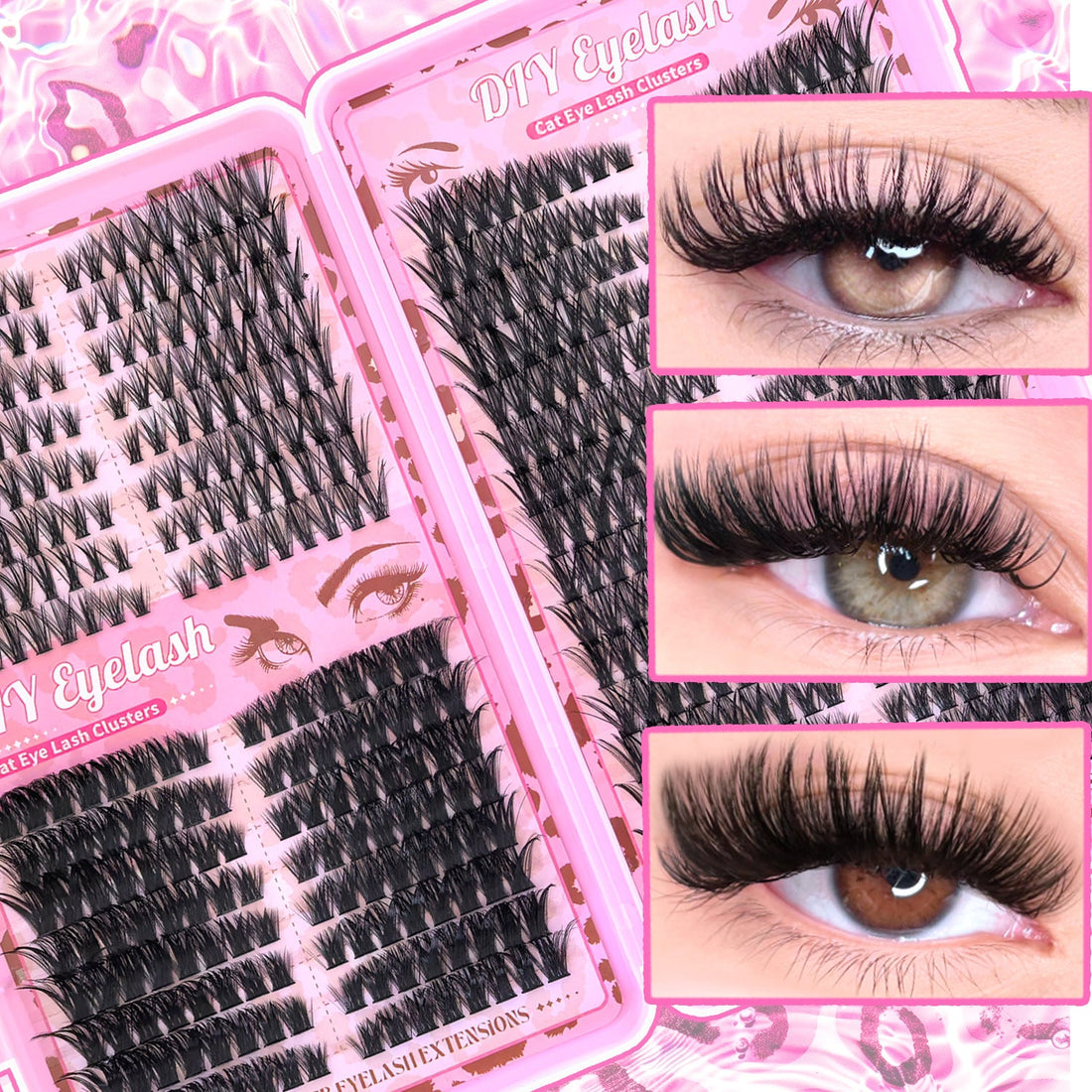 Segmented False Eyelashes Book Set with black synthetic lashes in varied lengths and volumes, shown worn in three styles.