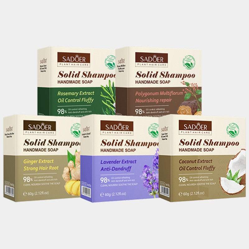 Shampoo Bar set in five beige packages with green, brown, yellow, purple and coconut-themed botanical designs