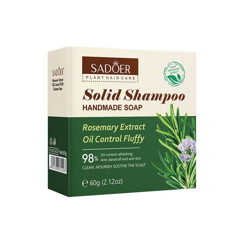 Shampoo Bar in a cream and dark green cardboard box, featuring rosemary sprigs and oil-control fluffy shampoo branding.