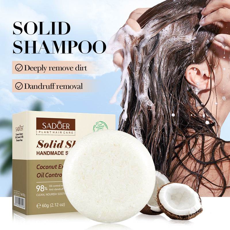 Shampoo Bar shown as a round ivory solid bar beside its kraft package, with coconut halves and a coconut oil-control label