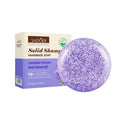 Shampoo Bar with a round lavender-purple speckled solid shape beside a cream and purple box labeled lavender extract