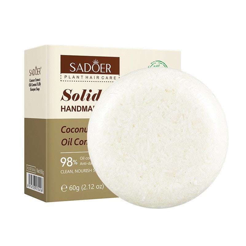 Shampoo Bar as a round, off-white solid with a rough textured surface, displayed beside cream and olive packaging