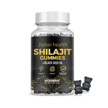 Shilajit Gummies in a clear plastic bottle with a ribbed white cap, black and gold label, and gummy bear shapes.