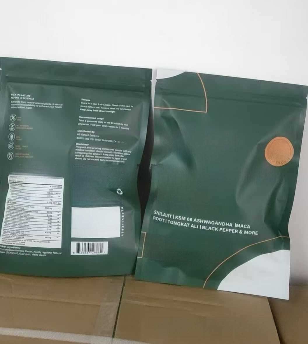 Shilajit Seaweed Alpha Gummies product pouches in dark green packaging with gold accents, ingredient text and a rear nutrition panel