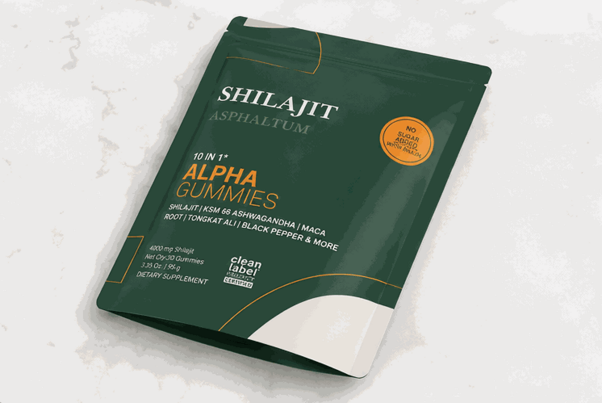 Shilajit Seaweed Alpha Gummies in a dark green matte pouch with orange and white lettering and a resealable top