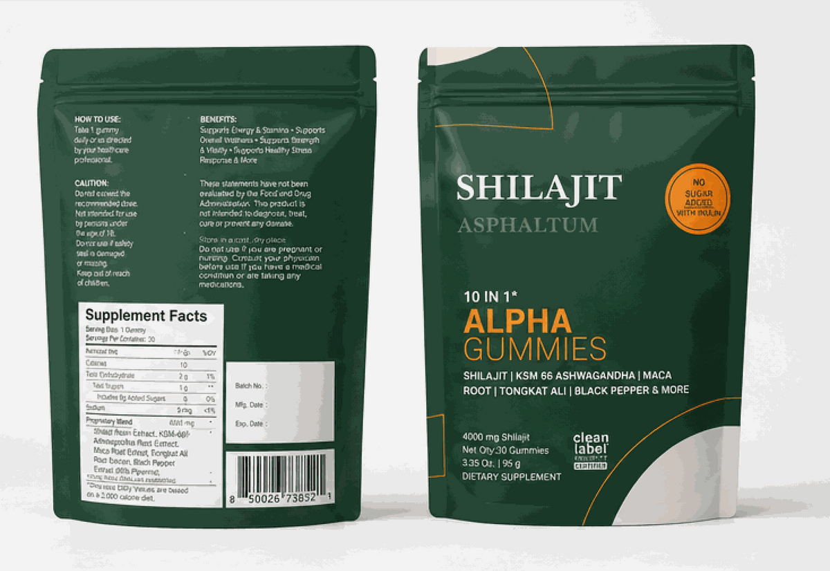 Shilajit Seaweed Alpha Gummies in dark green stand-up pouches with orange and white lettering and supplement facts panel
