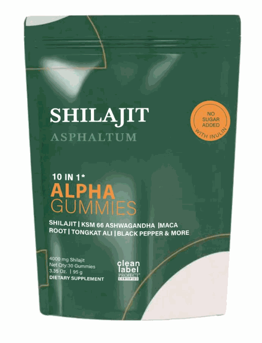 Shilajit Seaweed Alpha Gummies in a dark green stand-up pouch with white and orange lettering and an orange no-sugar-added badge