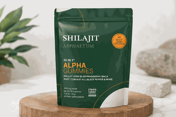 Shilajit Seaweed Alpha Gummies supplement in a dark green and cream pouch with orange accents and bold label text