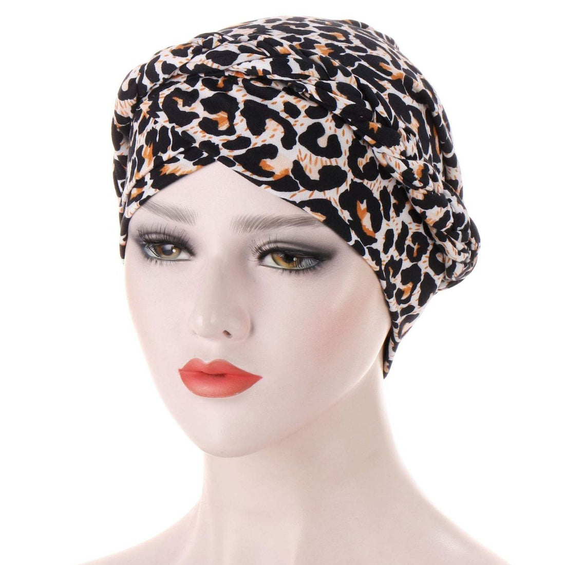 Headscarf cap in beige and black zebra-print polyester, featuring a braided trim; Short braids can be hidden beneath it.