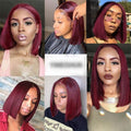 Short Straight Wig in burgundy synthetic fiber, worn in a sleek, chin-length bob with a side part and smooth finish.