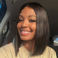 Short Straight Wig in sleek dark brown synthetic hair, with a center part and blunt shoulder-length ends