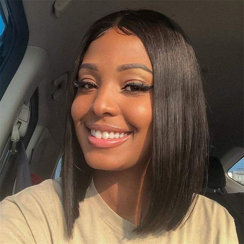 Short Straight Wig in sleek dark brown synthetic hair, with a center part and blunt shoulder-length ends