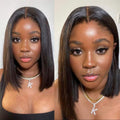 Short Straight Wig in glossy dark brown synthetic fiber, worn in a sleek shoulder-length bob with a center part