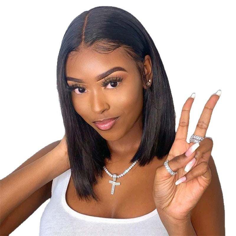 Short Straight Wig with sleek black synthetic hair, center part, natural-looking hairline, and blunt shoulder-length bob