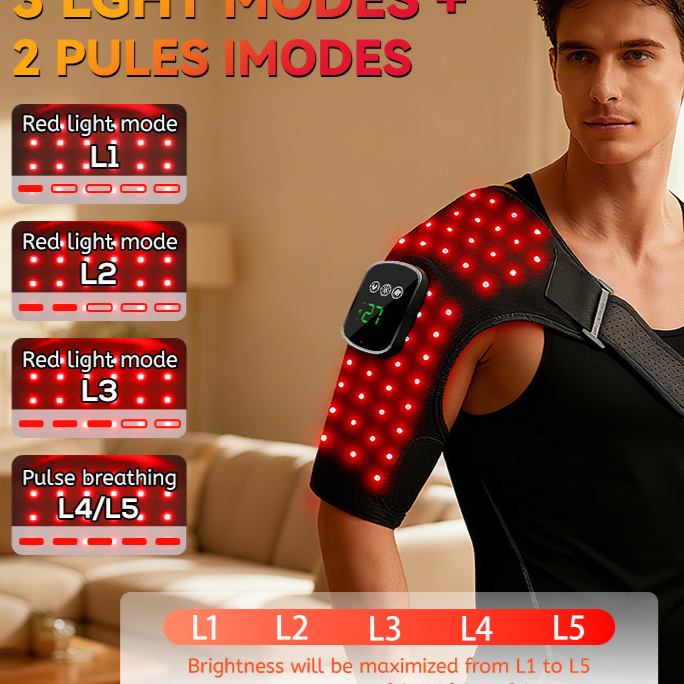 Shoulder Massager with a black fabric wrap, adjustable strap, glowing red light elements and digital control panel