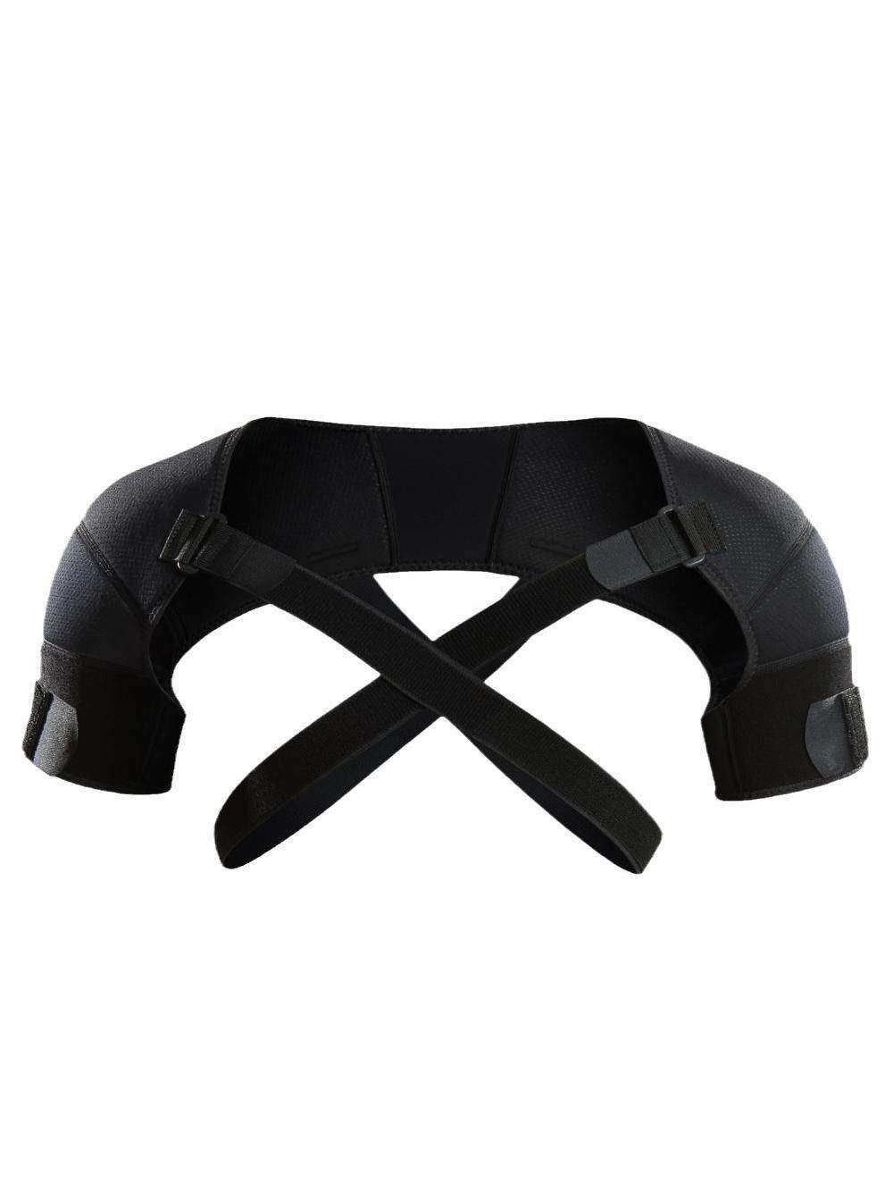 Shoulder Support Brace in black elastic fabric with adjustable double cross-back straps and wide shoulder panels