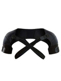 Shoulder Support Brace in black elastic fabric with adjustable buckles and crossed dual straps for shoulder stability