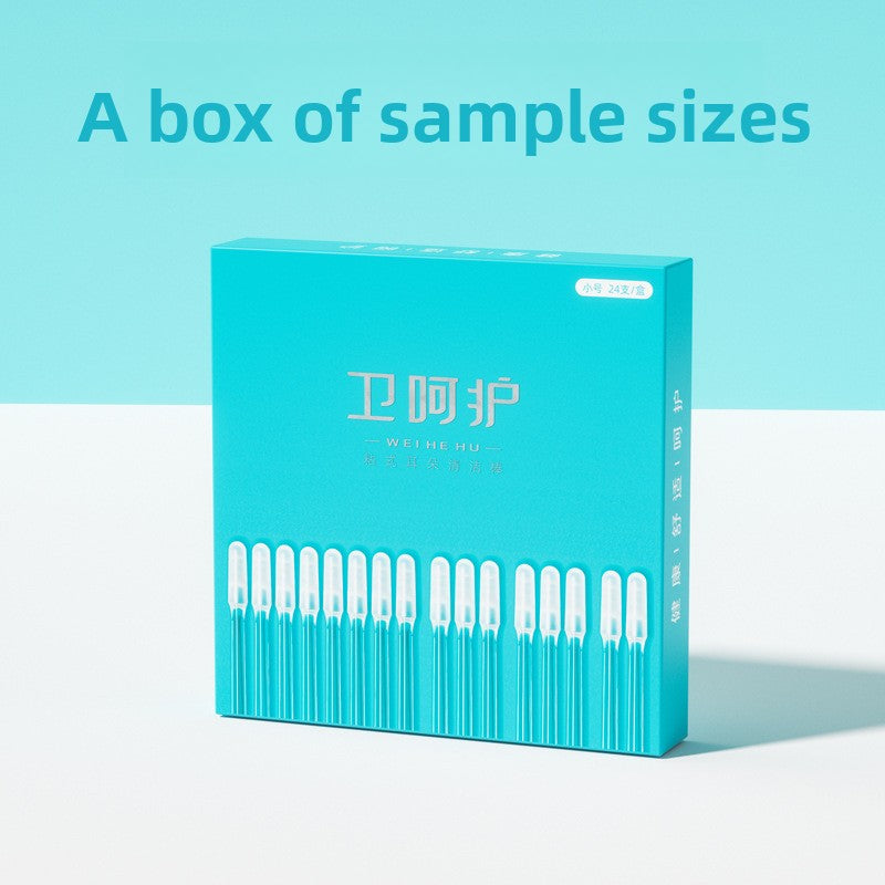 Silicone Ear Cleaning Sticks in a turquoise sample-size box, with rows of white-tipped transparent sticks visible through the front