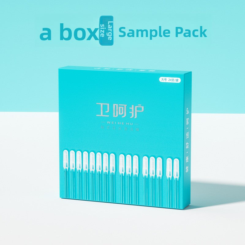 Silicone Ear Cleaning Sticks in a turquoise box with white individual sticks arranged in rows on the packaging