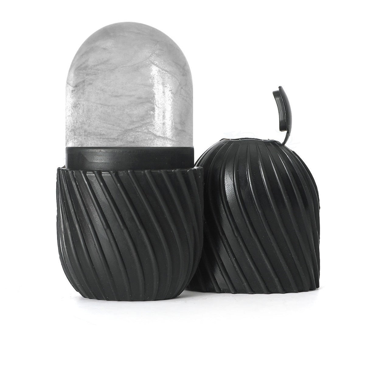 Silicone Ice Pack for Face in black with a ribbed silicone holder and clear frozen ice dome, plus fitted lid