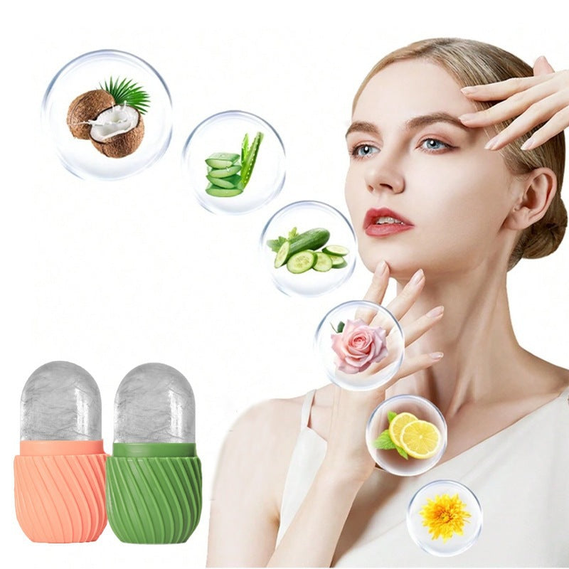 Silicone Ice Pack for Face mini rollers with clear tops and ribbed coral pink and green silicone handles