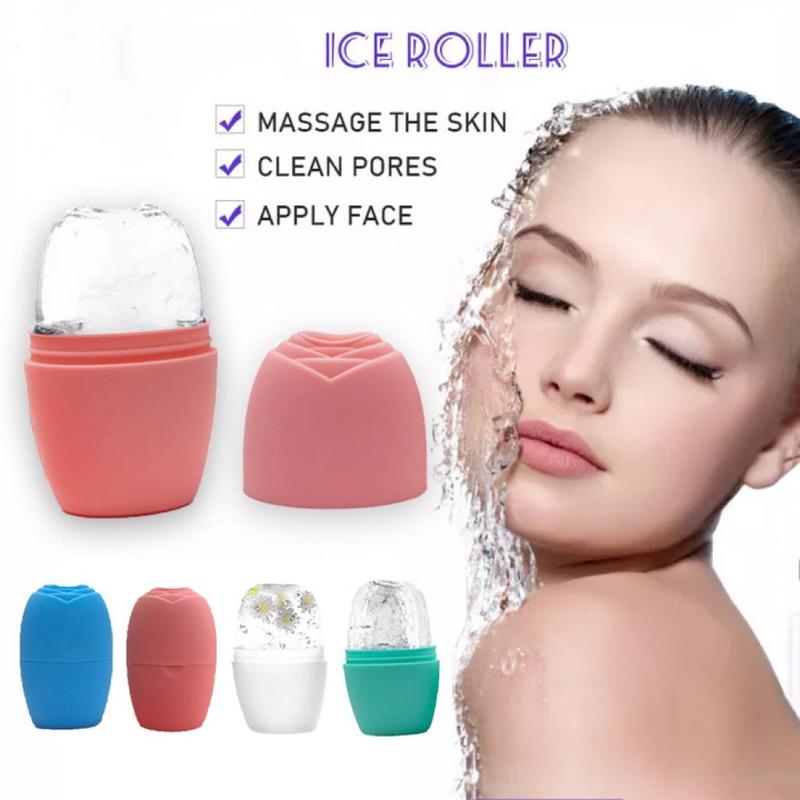 Silicone Ice Pack for Face ice roller in coral pink silicone, with a removable ice-filled top and compact cup-shaped base