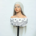 Silver Grey High-temperature Silk Lace Wig Cap with long straight silver-grey synthetic hair and a center part