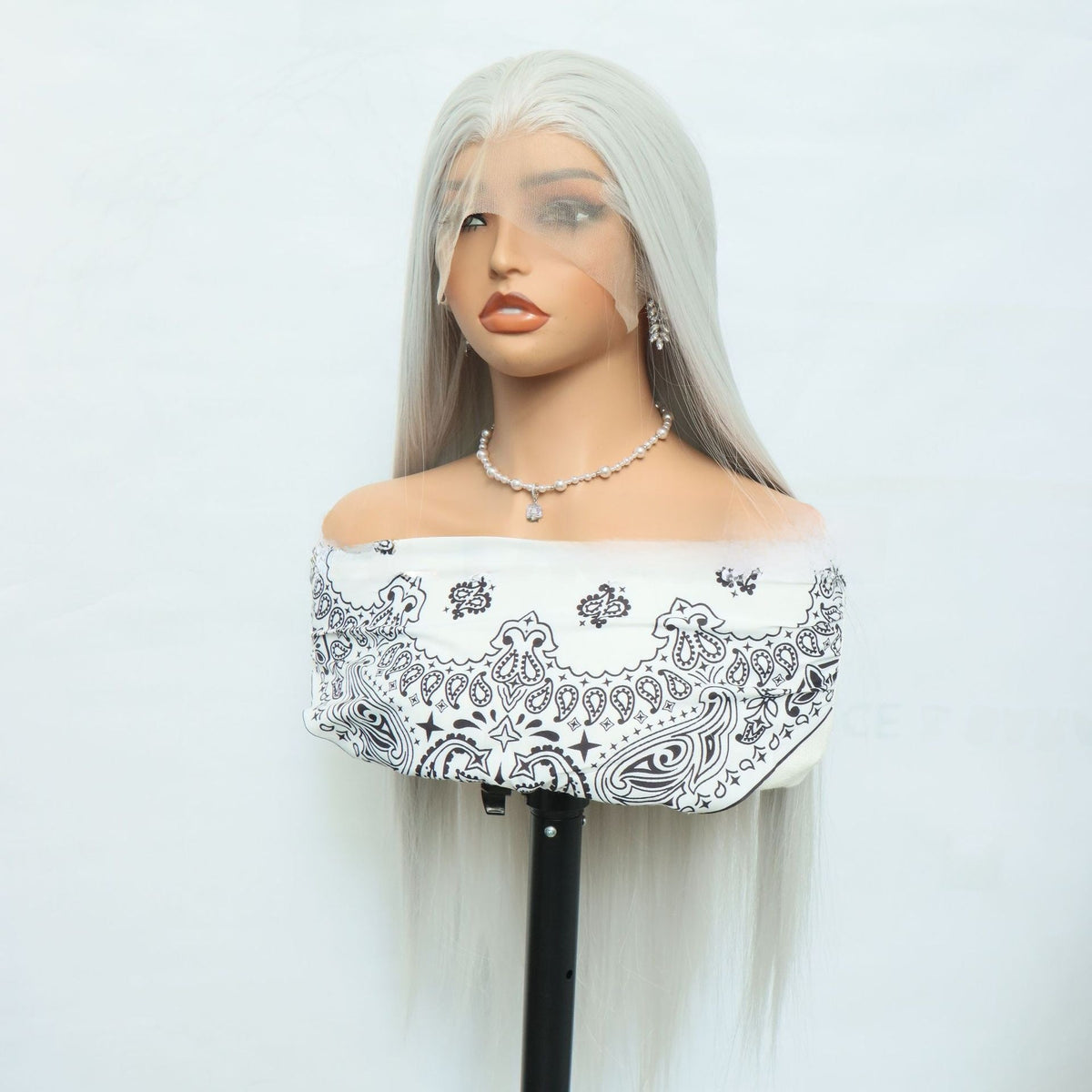 Silver Grey High-temperature Silk Lace Wig Cap with long, straight silver-grey synthetic hair, centre part and natural-looking lace hairline