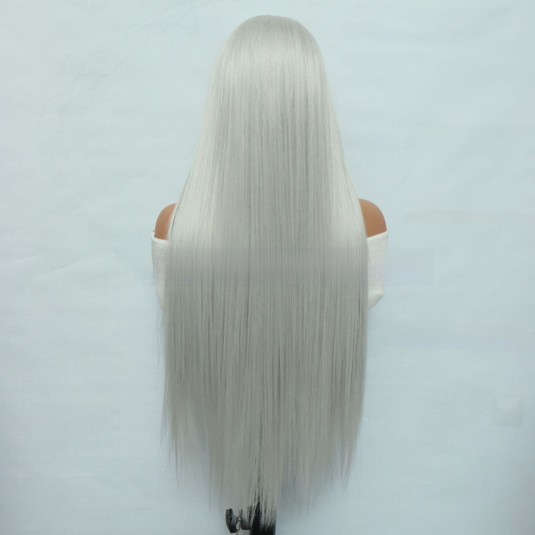 Silver Grey High-temperature Silk Lace Wig Cap with long, straight silver-grey synthetic hair in a smooth, sleek finish.