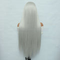 Silver Grey High-temperature Silk Lace Wig Cap with long, straight silver-grey synthetic hair in a smooth, sleek finish.