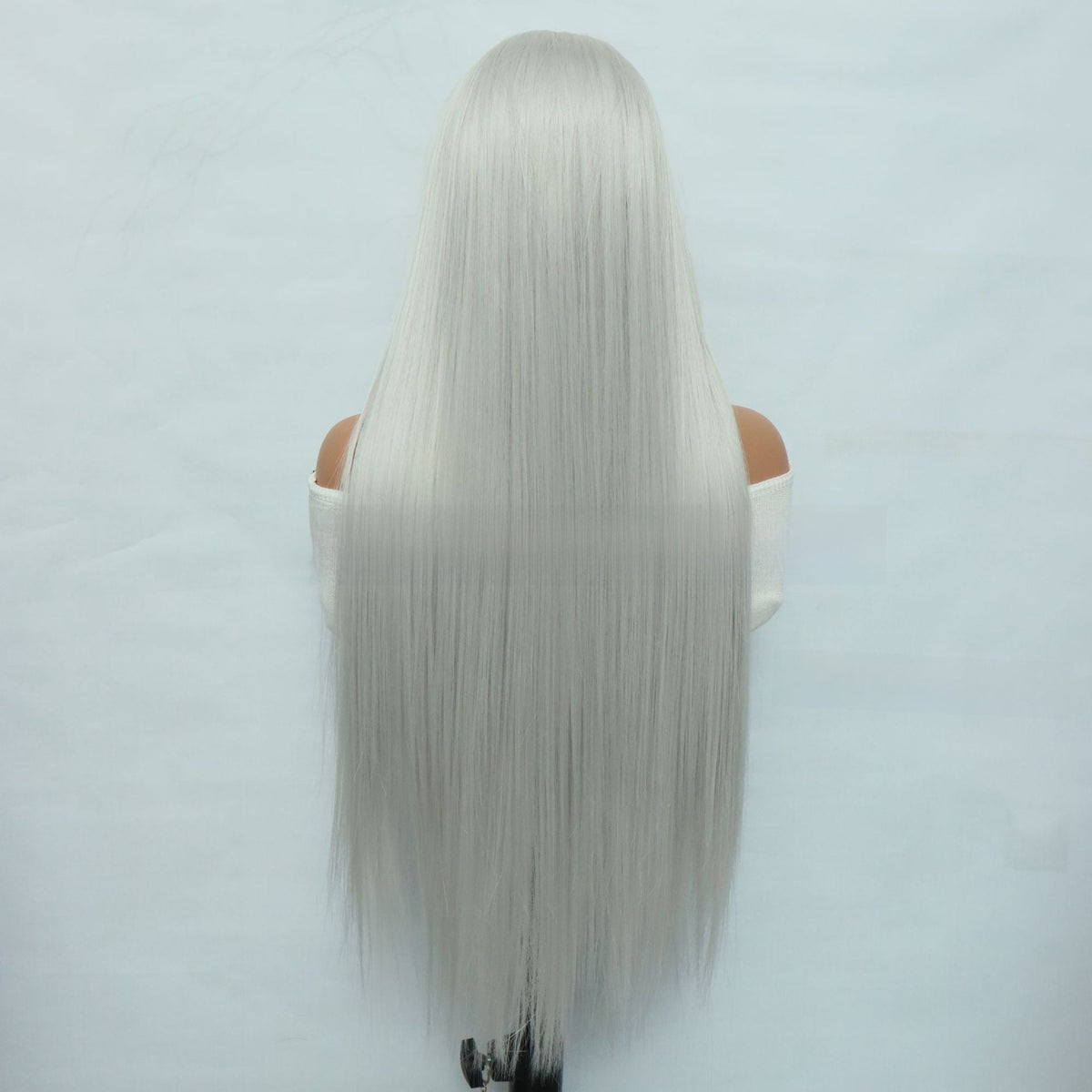 Silver Grey High-temperature Silk Lace Wig Cap with long, straight silver-grey synthetic hair in a smooth, sleek finish.