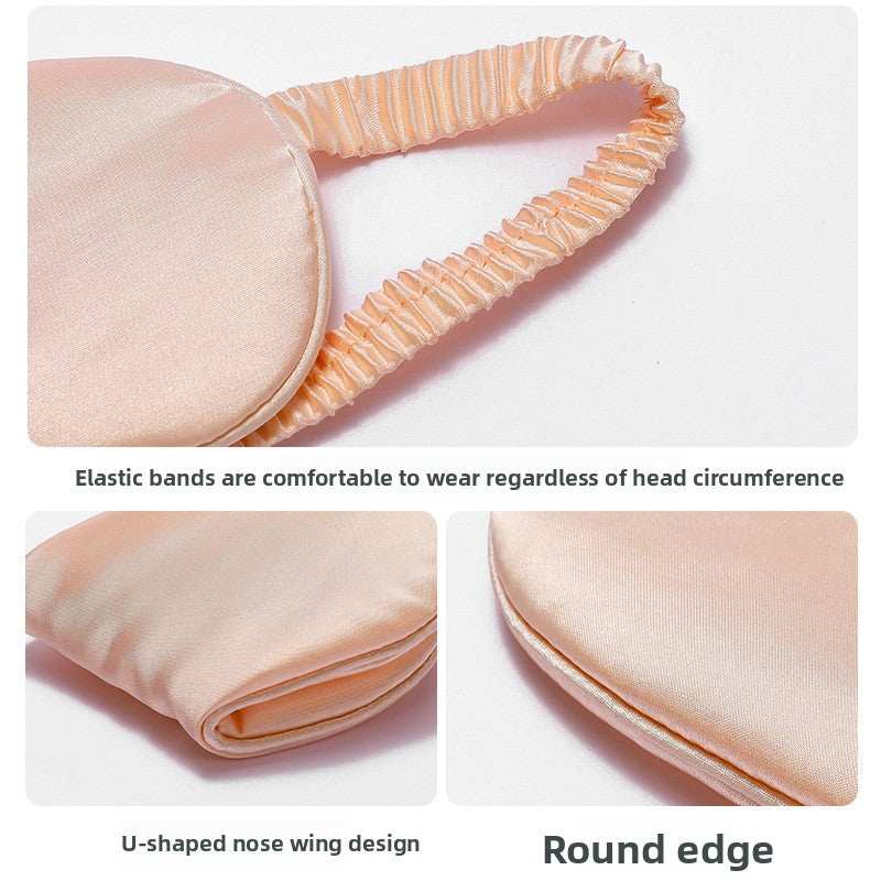 Simulated Silk Sleep Eye Mask in peach pink fabric with elastic gathered bands, a U-shaped nose wing and rounded edges