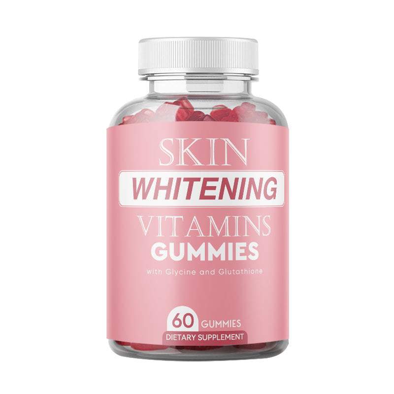 Skin Whitening Vitamins Gummies in a clear plastic bottle with a pink label, white cap, and red gummies inside.