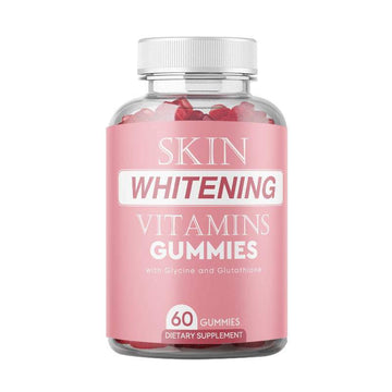 Skin Whitening Vitamins Gummies in a clear plastic bottle with a pink label, white cap, and red gummies inside.