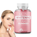 Skin Whitening Vitamins Gummies in a clear bottle with a pink label, white cap, and red gummies inside