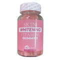 Skin Whitening Vitamins Gummies in a clear plastic bottle with a pink label and visible pink gummies, sealed white cap