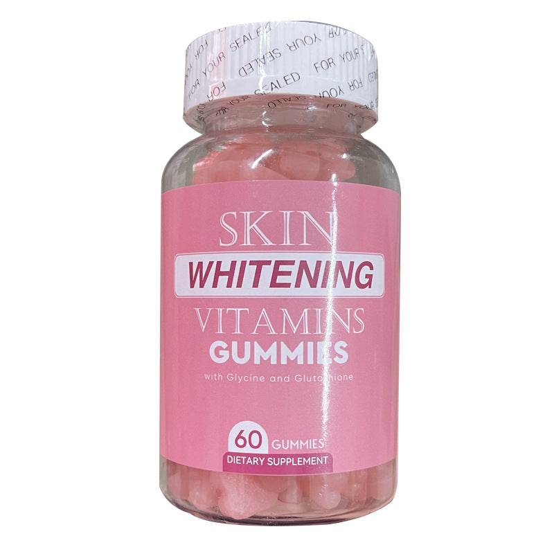 Skin Whitening Vitamins Gummies in a clear plastic bottle with a pink label and visible pink gummies, sealed white cap