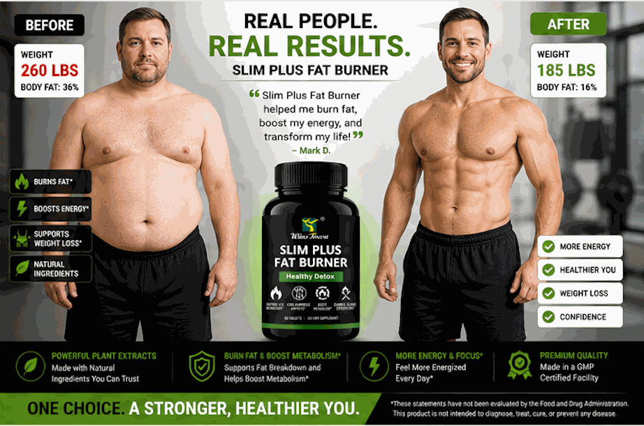 Slim Plus Fat Burner supplement bottle with black packaging and green accents, flanked by before-and-after body transformation graphics
