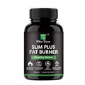 Supplement bottle for Slim Plus Fat Burner in black with a green label, white lettering and a ribbed black cap